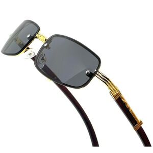 Rimless Sunglasses Rectangle Gold Accents Wood Arms Mens Fashion Dark Black Lens